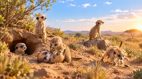 Meerkats Playing by Rocky Burrow