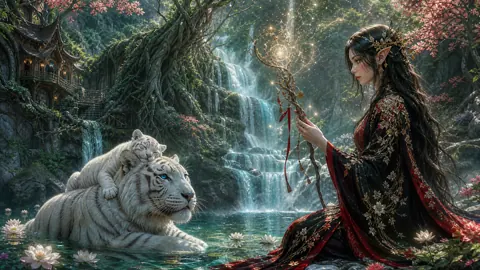 Elf Maiden With White Tigers