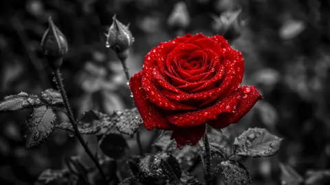 Red Rose With Raindrops