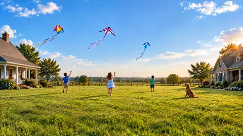 Children Flying Kites With Dog