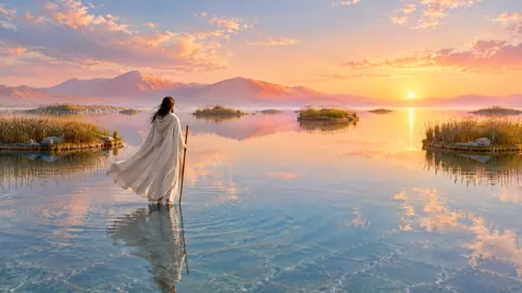 Cloaked Traveler in Sunrise Lagoon