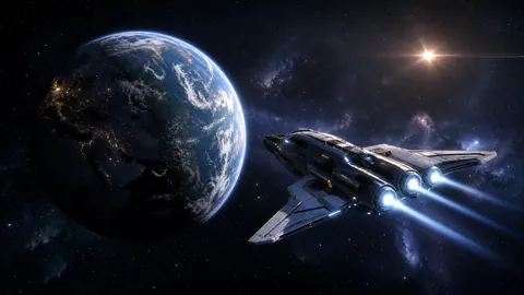 Earth Beside Futuristic Spacecraft