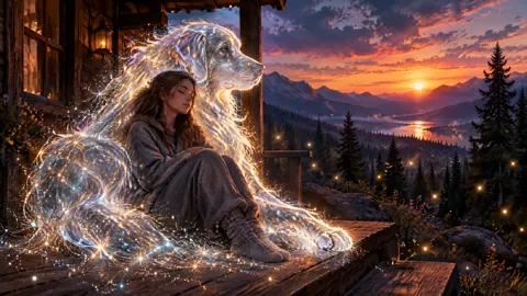 Woman and Starlight Dog at Sunset
