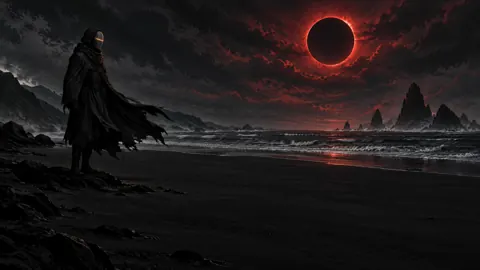 Masked Wanderer Under Red Eclipse