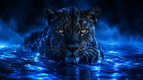 Leopard Emerging From Blue Pool