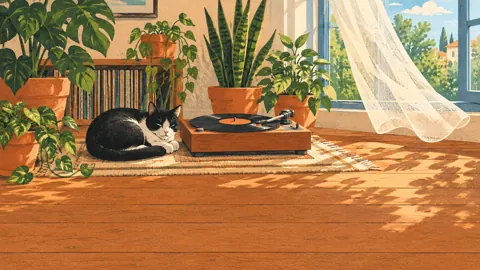 Cat Beside Record Player