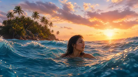 Woman Swimming Near Palm Island