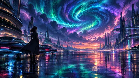 Woman by Hovercars Under Aurora