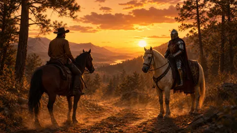 Cowboy and Knight at Sunset