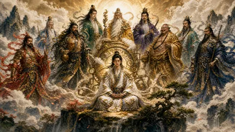 Haloed Cultivator with Nine Immortals