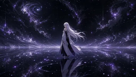 White-Haired Woman Under Purple Galaxies