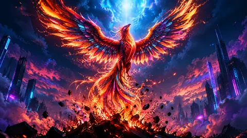 Phoenix Over Cyberpunk City