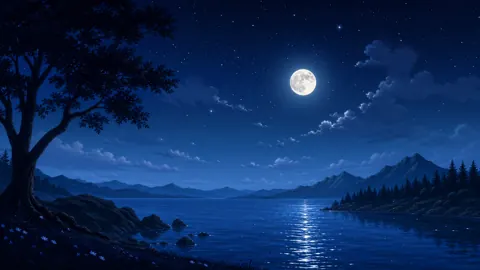 Moonlit starry lake landscape with live wallpaper