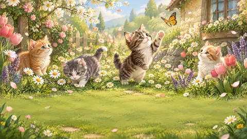 Kittens Chasing Butterfly in Garden