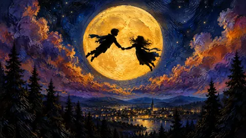 Children Flying Over Golden Moon