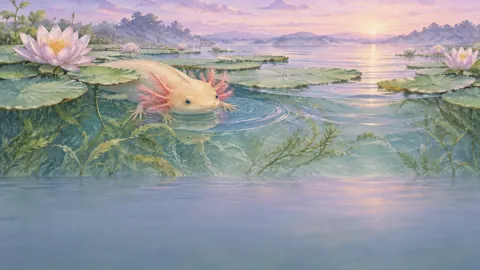 Golden Axolotl Among Water Lilies