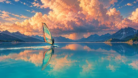 Windsurfer on Turquoise Mountain Lake