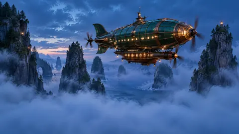 Steampunk Airship Over Sea Stacks
