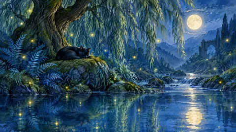 Black Cat by Moonlit Stream
