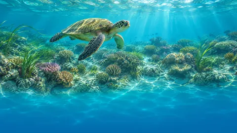 Sea Turtle Over Coral Garden