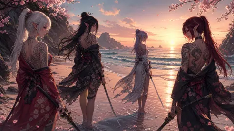 Tattooed Elf Samurai at Sunset