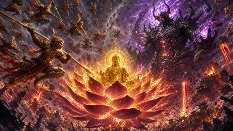 Buddha and Sun Wukong Battling Lava Demon