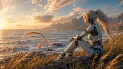 White-Haired Robot Girl Seashore Sunset