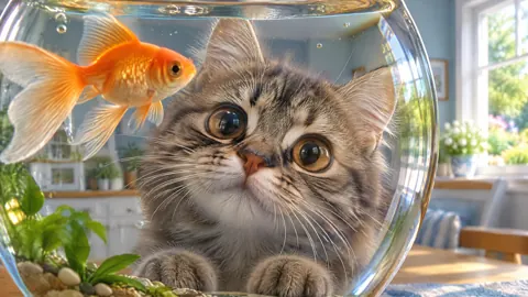 Tabby Kitten Watching Goldfish