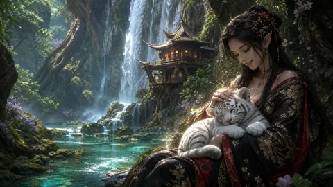 Elven Maiden With Tiger Cub