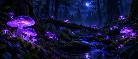 Glowing Mushrooms by Stream