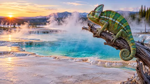 Veiled Chameleon Above Geysers