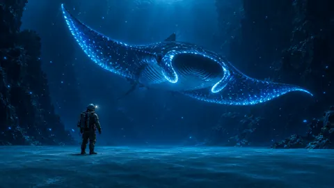 Diver and Glowing Manta Ray