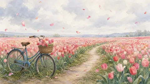 Blue Bicycle in Tulip Field