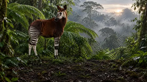 Okapi Among Rain-Wet Ferns