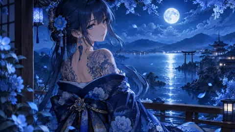 Kimono Woman by Moonlit Temple