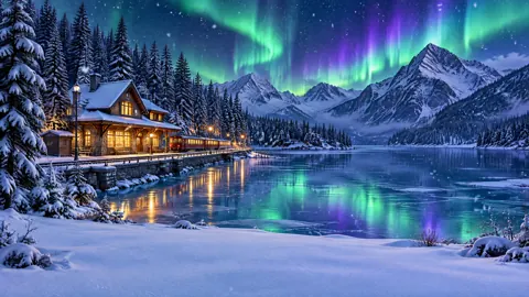 Alpine Train Under Aurora