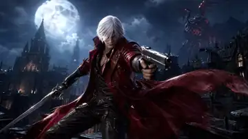 Dante from Devil May Cry on a gothic city rooftop, aiming pistol and sword under bright moonlight, crimson coat flowing, demonic threat looming, cinematic dark fantasy mood. live wallpaper