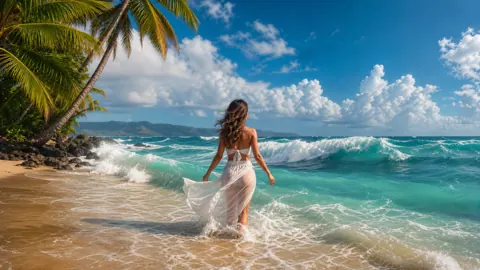 Woman Entering Tropical Surf