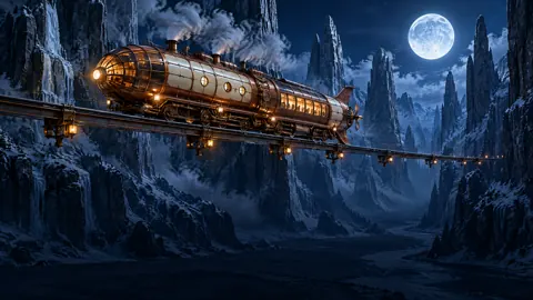 Steampunk Airship Over Icy Canyon