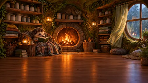 Hedgehog Reading by Fireplace