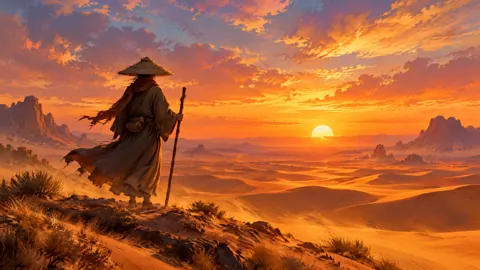 Straw Hat Wanderer at Sunset