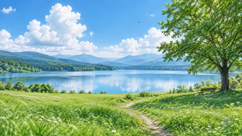 Lakeside Bench Under Tree