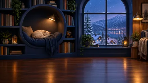 Sleeping Cat in Bookshelf Nook