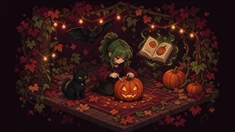 Green-Haired Girl Carving Pumpkin