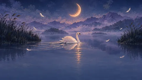 Swan Under Peach Crescent Moon