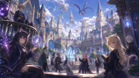 Fantasy Academy Courtyard with Catgirls