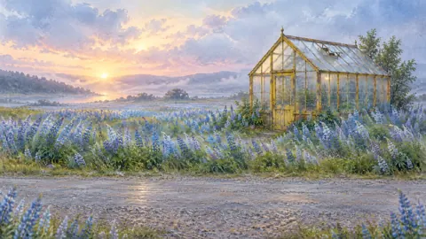 Yellow Greenhouse in Lupine Field
