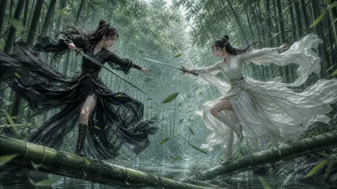 Wuxia Swordswomen on Bamboo
