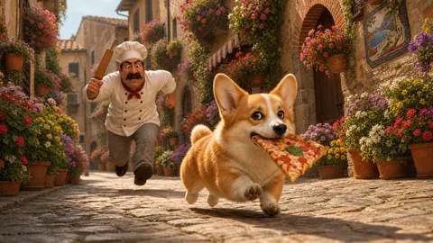 Corgi With Pizza in Italy