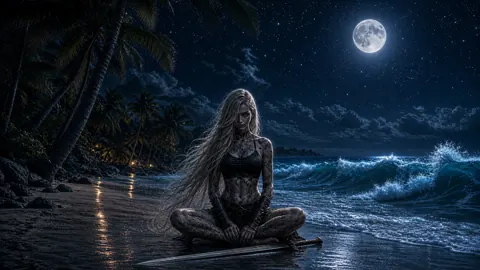 Tattooed Warrior on Moonlit Beach
